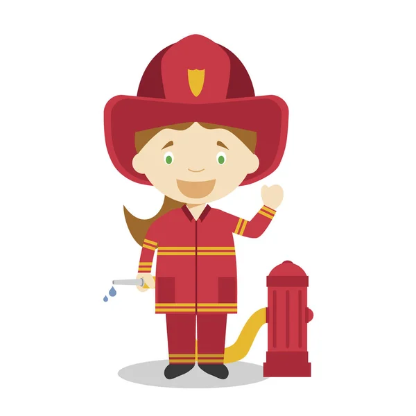 Niedlichen Cartoon Vektor Illustration Eines Feuerwehrmanns Frauenberufe — Stockvektor