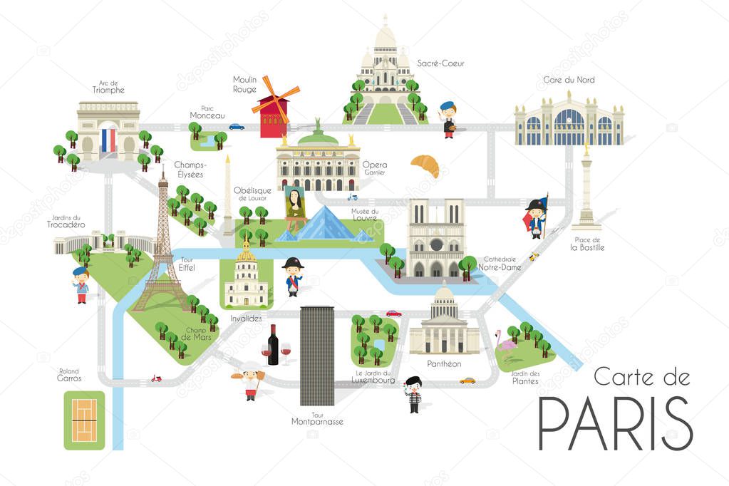 Cartoon vector map of the city of Paris, France. Travel illustration with landmarks and main attractions.