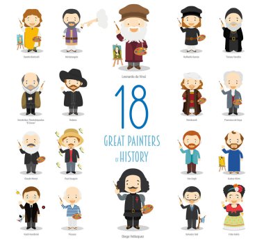 Kids Vector Characters Collection: Set of 18 great painters of History in cartoon style. clipart