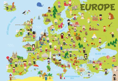 Komik karikatür harita Avrupa farklı milletlerden, temsilcisi anıtlar, hayvanlar ve nesneleri tüm ülkelerin çocuk ile. Okul öncesi eğitim ve çocuklar tasarım vektör çizim.