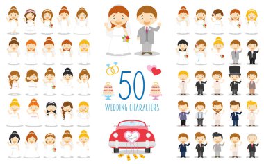 50 düğün karakterler ve karikatür tarzı düğün simgeler kümesi