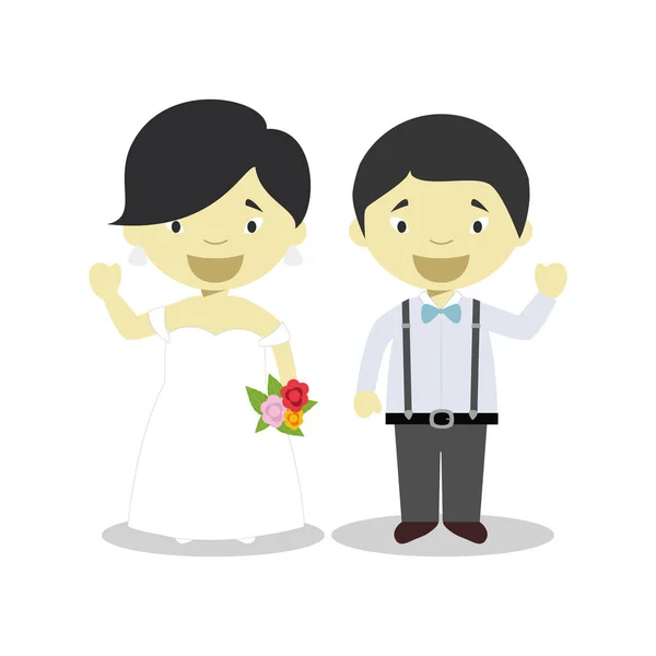 Oriental casal recém-casado em estilo cartoon ilustração vetorial — Vetor de Stock