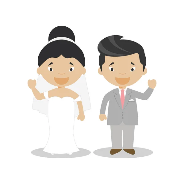 Oriental casal recém-casado em estilo cartoon ilustração vetorial —  Vetores de Stock