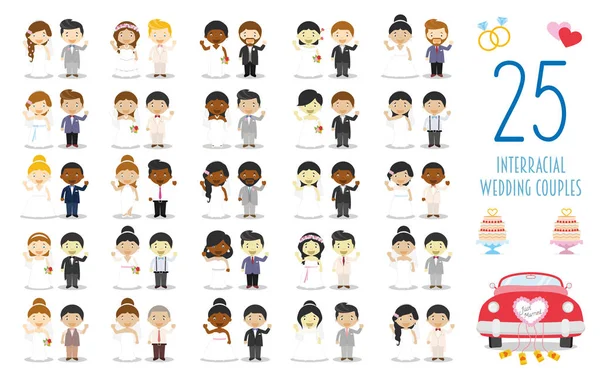 Conjunto de 25 casais de casamento inter-raciais e ícones nupciais no estilo dos desenhos animados —  Vetores de Stock