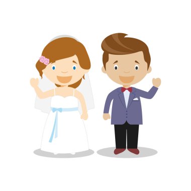 Beyaz gelin ve Mestizo damat kostüm yeni evli çift karikatür tarzı vektör illüstrasyon