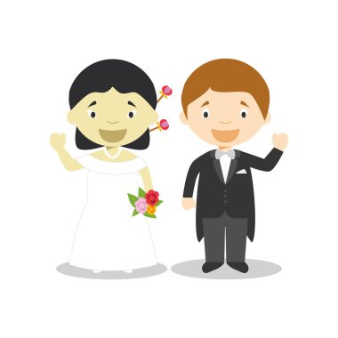 Oryantal gelin ve beyaz damat Irklararası yeni evli çift karikatür tarzı vektör illüstrasyon