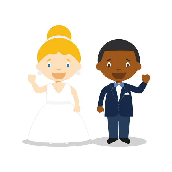 Καυκάσιος νύφη και μαύρος γαμπρός Διαφυλετικό νιόπαντρο ζευγάρι σε στυλ κινουμένων σχεδίων διανυσματική απεικόνιση — Διανυσματικό Αρχείο