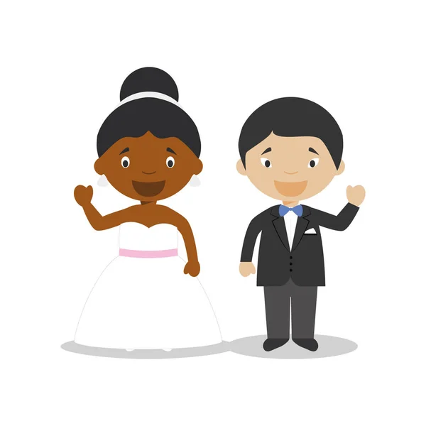 Μαύρο νύφη και Ανατολικός γαμπρός Διαφυλετικό νιόπαντρο ζευγάρι σε στυλ κινουμένων σχεδίων διανυσματική απεικόνιση — Διανυσματικό Αρχείο