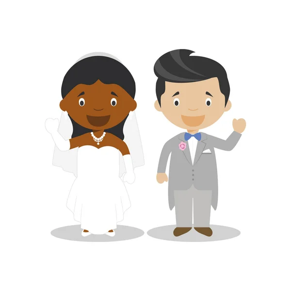 Μαύρο νύφη και mestizo Νυμφίος διαφυλετικός νιόπαντρο ζευγάρι σε στυλ κινουμένων σχεδίων διανυσματική απεικόνιση — Διανυσματικό Αρχείο