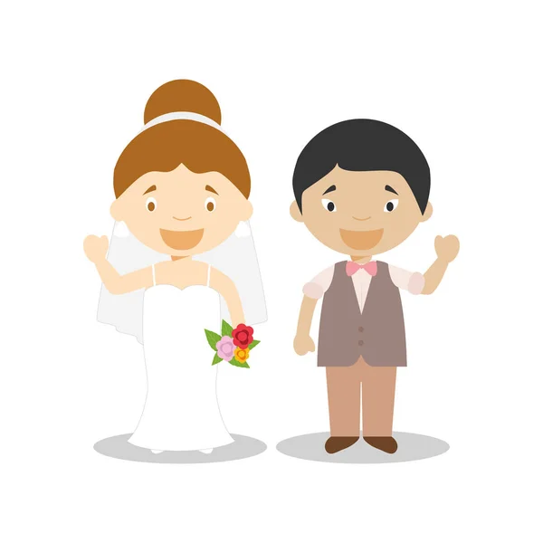 Beyaz gelin ve oryantal damat Irklararası yeni evli çift karikatür tarzı vektör illüstrasyon — Stok Vektör