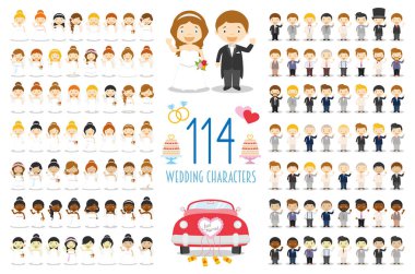 Set 114 düğün karakterleri ve karikatür tarzında Düğünlük simgeler