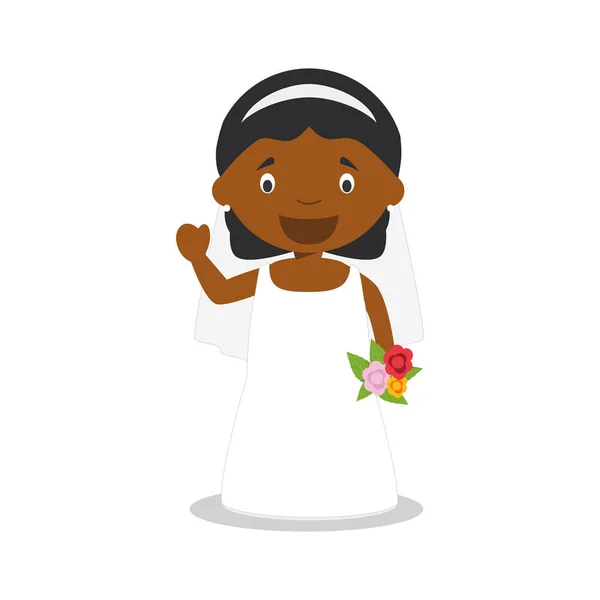 Novia negra vistiendo un vestido de novia en estilo de dibujos animados Vector Illustration — Vector de stock