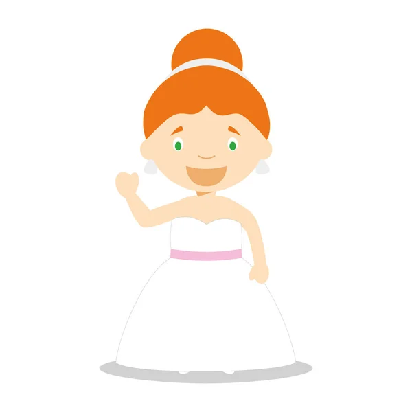 Novia caucásica vistiendo un vestido de novia en estilo de dibujos animados Vector Illustration — Vector de stock