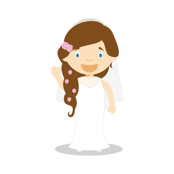 Novia caucásica vistiendo un vestido de novia en estilo de dibujos animados Vector Illustration — Vector de stock