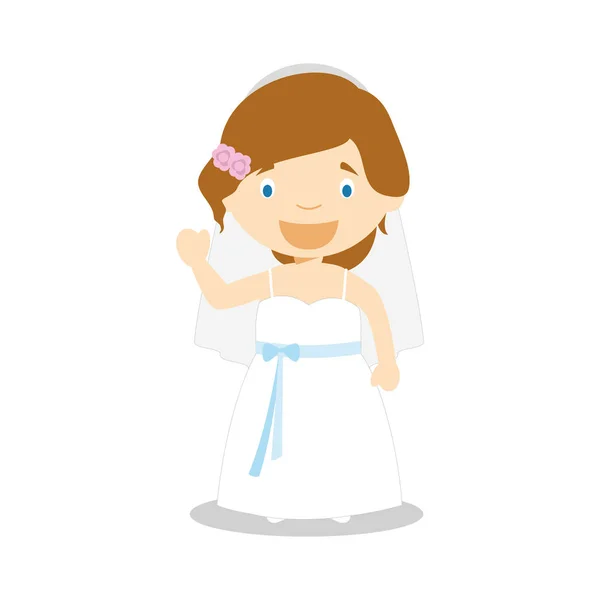 Novia caucásica vistiendo un vestido de novia en estilo de dibujos animados Vector Illustration — Vector de stock