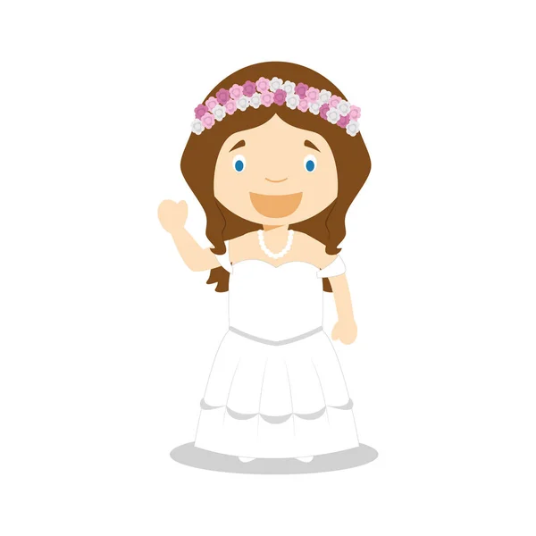 Novia caucásica vistiendo un vestido de novia en estilo de dibujos animados Vector Illustration — Vector de stock