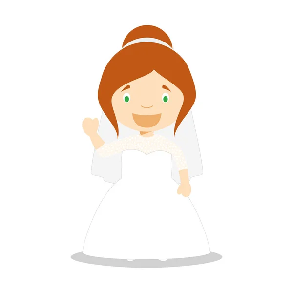 Novia caucásica vistiendo un vestido de novia en estilo de dibujos animados Vector Illustration — Vector de stock