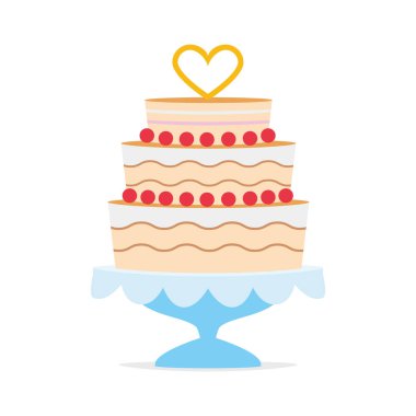 Üst ve mavi bir tepsi üzerinde kalp şekli ile düğün pastası. Düğün simgesi kavramı vektör illüstrasyon