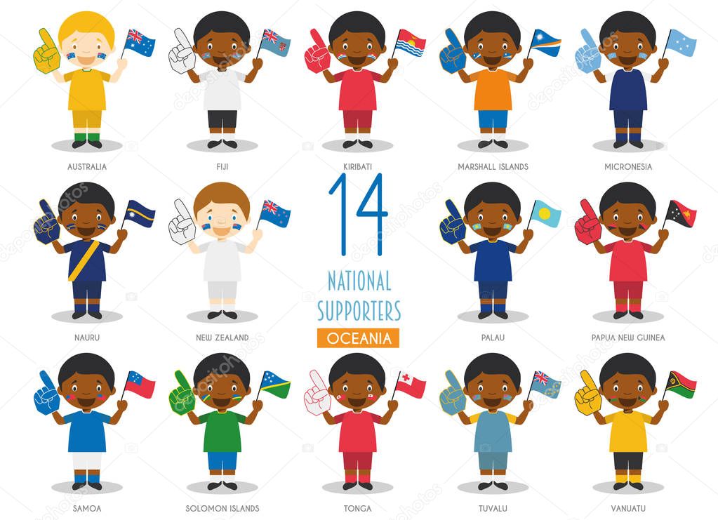 Set of 14 national sport team fans from Oceanic countries Vector Illustration
