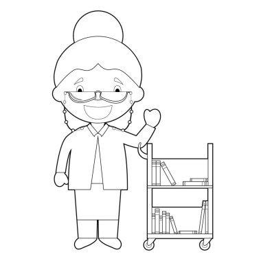 Bir kütüphaneci kolay boyama karikatür vektör illüstrasyon.