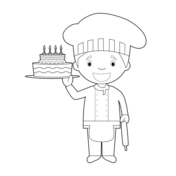 Fácil para colorear ilustración vectorial de dibujos animados de un chef pastelero . — Archivo Imágenes Vectoriales