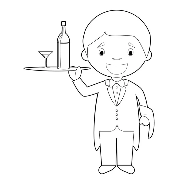 Easy coloring cartoon vector illustration of a waiter. — Stock Vector
