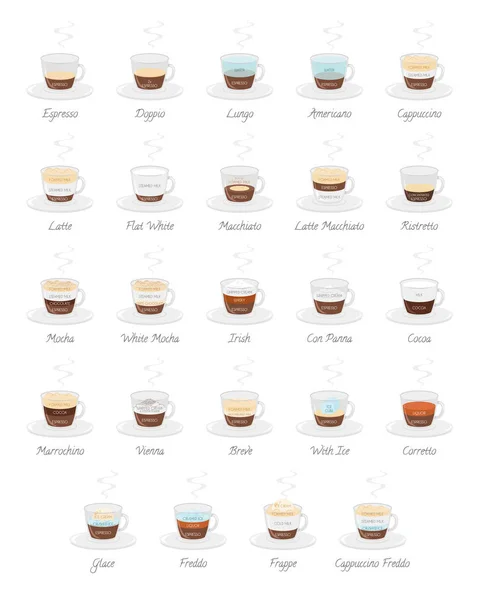 Conjunto de 24 tipos de café y su preparación en estilo de dibujos animados Vector Illustration — Archivo Imágenes Vectoriales