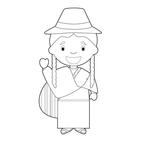 Personaje Dibujos Animados Para Colorear Fácil Ecuador Vestido Manera Tradicional — Vector de stock