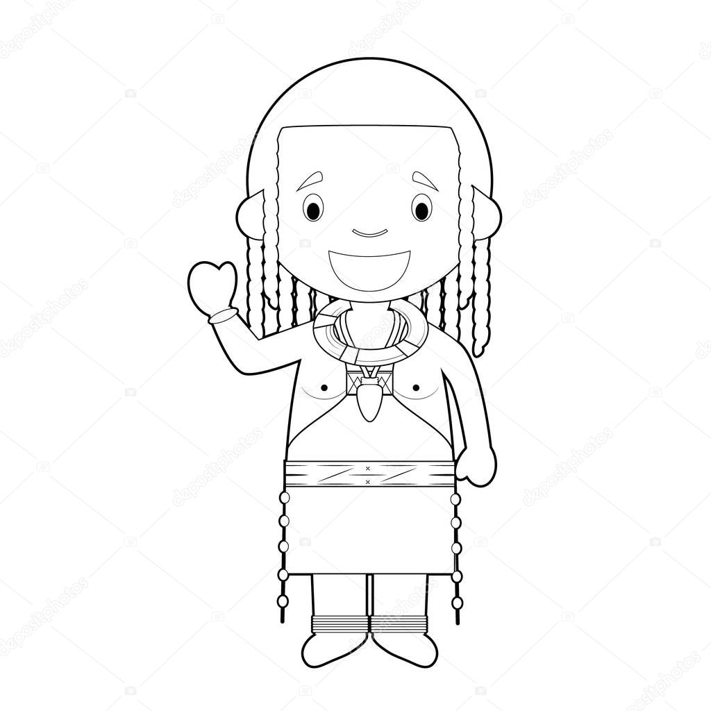 Easy coloring cartoon character from Angola (Himba Tribe) dressed in the traditional way Vector Illustration.