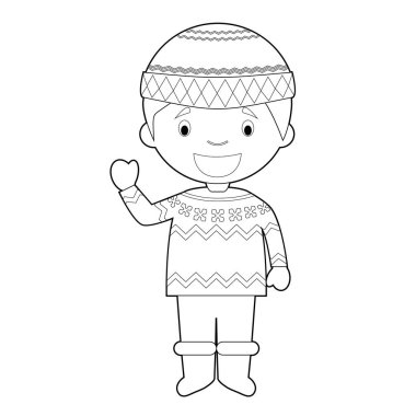 Tipik Iopapeysa kazak ile geleneksel şekilde giyinmiş İzlanda kolay boyama çizgi film karakteri. Vektör İllüstrasyonu.