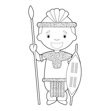 Zulu Tribe geleneksel şekilde giyinmiş Güney Afrika'dan kolay boyama çizgi film karakteri. Vektör İllüstrasyonu.