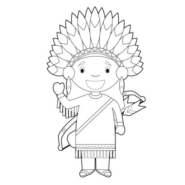 Easy coloring cartoon character from USA dressed in the traditional way of the American Red Indians. Vector Illustration. clipart