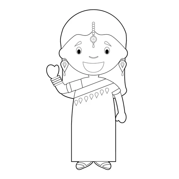 Mudah Mewarnai Karakter Kartun Dari India Berpakaian Tradisional Dengan Sari - Stok Vektor