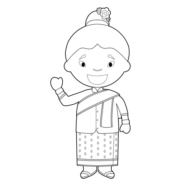 Personaje Dibujos Animados Para Colorear Fácil Laos Vestido Manera Tradicional — Vector de stock