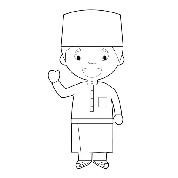 Personagem Desenho Animado Coloração Fácil Malásia Vestida Maneira Tradicional Vector — Vetor de Stock