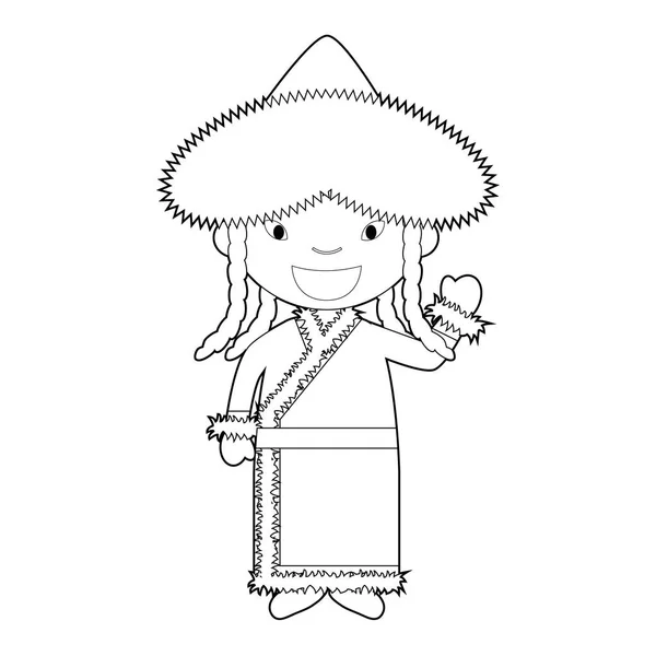 Personagem Desenho Animado Coloração Fácil Mongólia Vestida Maneira Tradicional Vector — Vetor de Stock