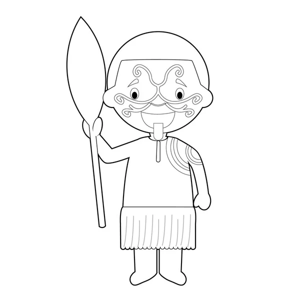 轻松着色的卡通人物从新西兰穿着毛利部落的传统方式 矢量插图 — 图库矢量图片