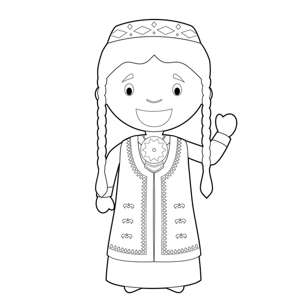 Personaje Dibujos Animados Para Colorear Fácil Turkmenistán Vestido Manera Tradicional — Vector de stock