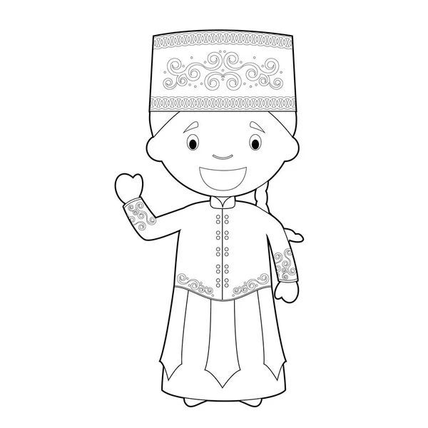 Personaje Dibujos Animados Para Colorear Fácil Uzbekistán Vestido Manera Tradicional — Vector de stock