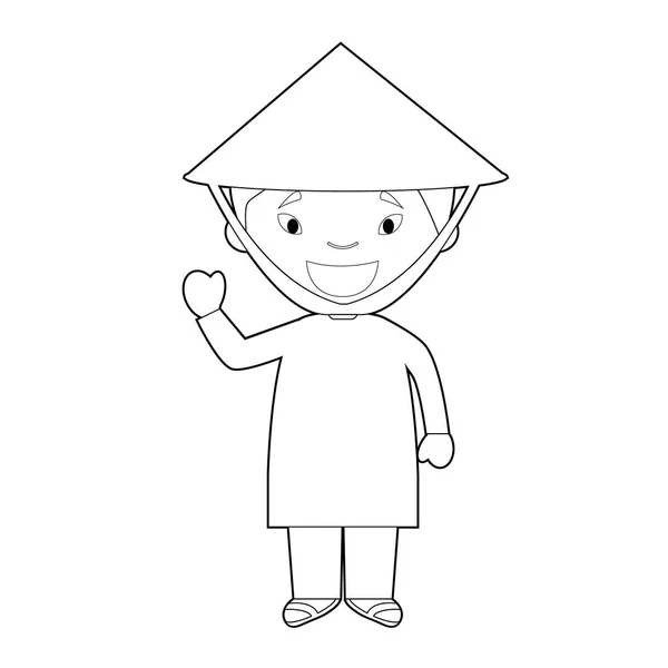 Легка Розмальовка Мультиплікаційний Персонаж Єтнаму Одягнений Традиційний Спосіб Векторної Ілюстрації — стоковий вектор