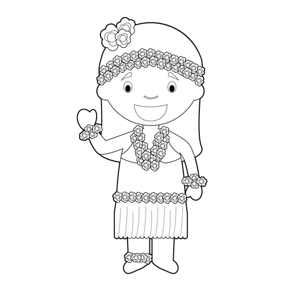 Personaje Dibujos Animados Para Colorear Fácil Hawaii Vestido Manera Tradicional — Vector de stock