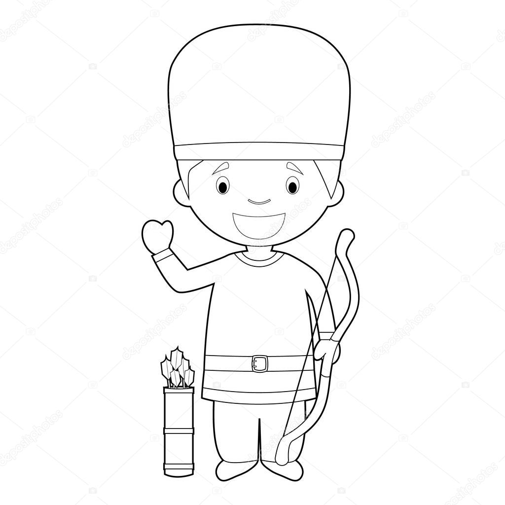 Easy coloring cartoon character from Hungary dressed in the traditional way as a magyar warrior. Vector Illustration.
