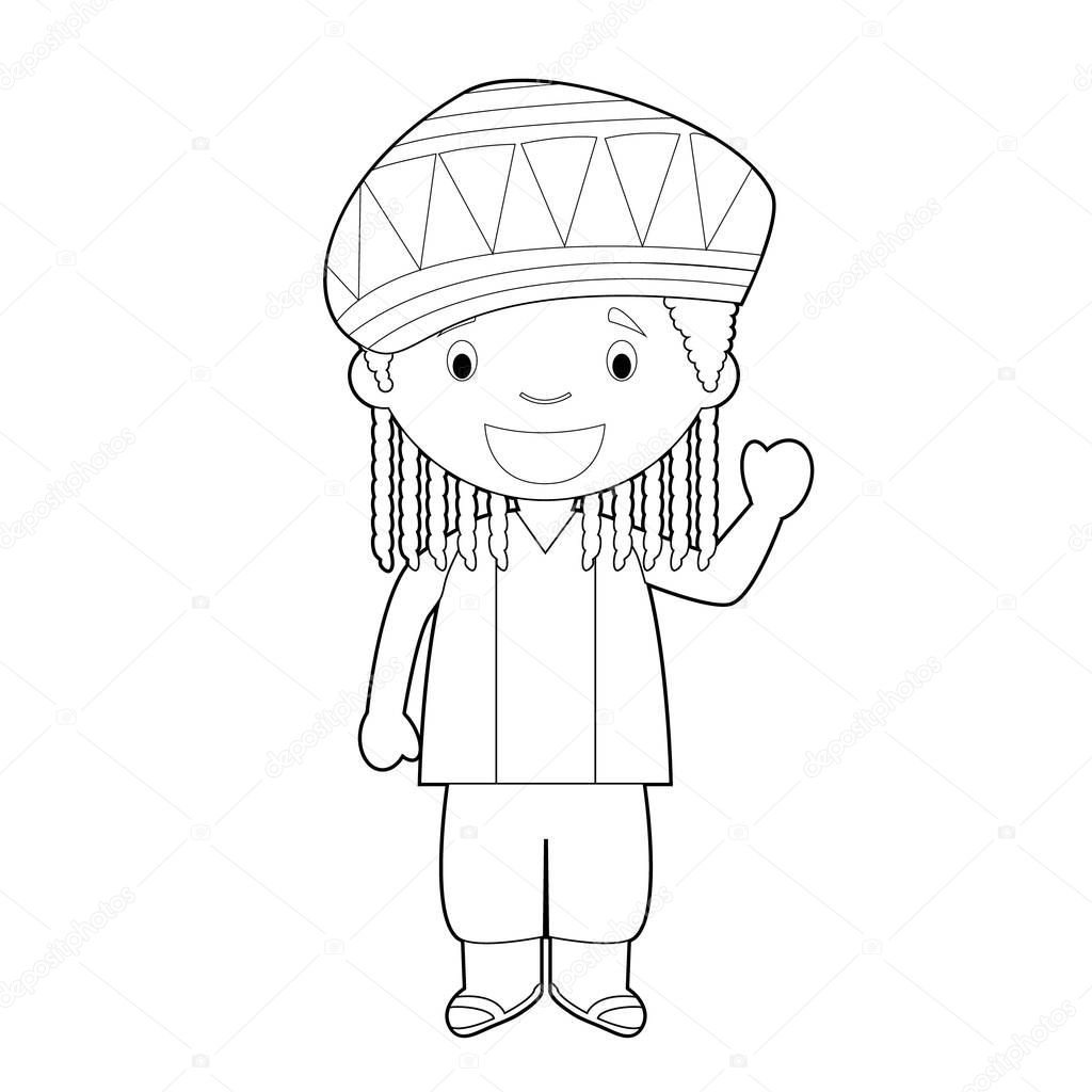 Easy coloring cartoon character from Jamaica dressed in the traditional way with dreadlocks. Vector Illustration.