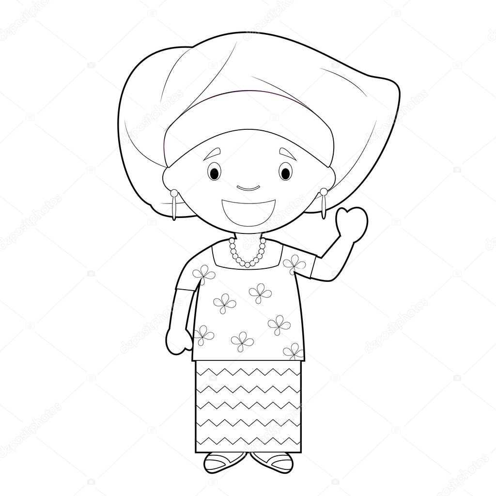 Easy coloring cartoon character from Nigeria dressed in the traditional way with a gele hat. Vector Illustration.