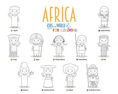 Çocuklar ve dünya vektör uyruğu: Afrika. Farklı ulusal kostümler giymiş boyama için 11 karakter seti.