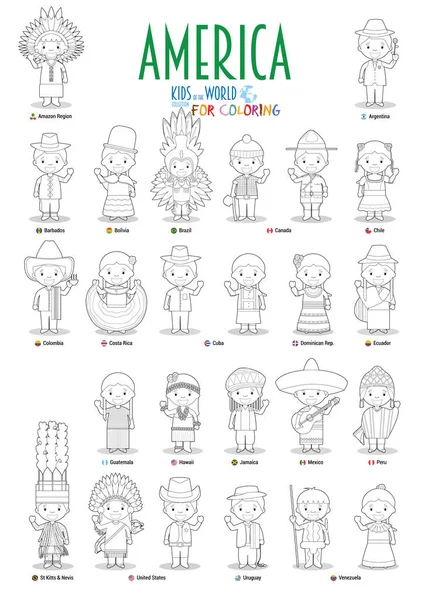 Kids Nationalities World Vector America Conjunto Personajes Para Colorear Vestidos — Archivo Imágenes Vectoriales