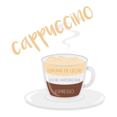 Hazırlanması ve oranları ve İspanyolca isimleri ile bir Cappuccino kahve fincanı simgesi vektör illüstrasyon.