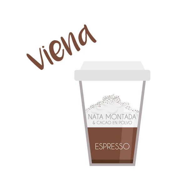 维也纳咖啡杯图标的矢量插图 其准备和比例和名称在西班牙语 — 图库矢量图片