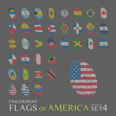 Amerika ülkelerinin ulusal bayrakları ile renkli 35 parmak izi seti. Simge seti Vektör Çizimi.