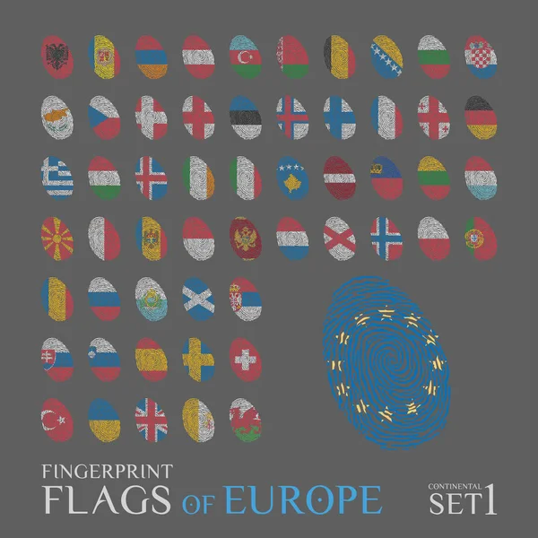 Avrupa Ülkelerinin Ulusal Bayrakları Ile Renkli Parmak Izi Seti Simge — Stok Vektör